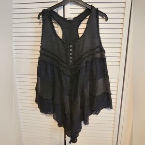 Pol, distressed black tank top with lace accents, racerback, size S